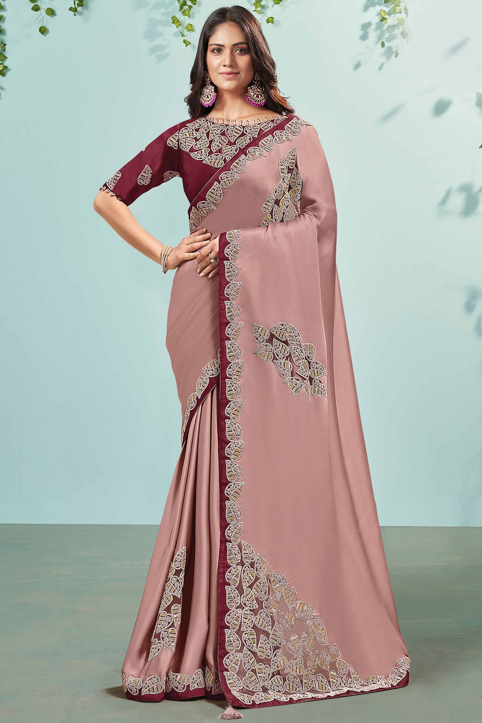 Embroidered Lace Border Work Pink Color Satin Silk Fabric Reception We ...