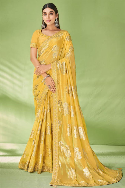 Awesome Foil Printed Georgette Saree In Yellow Color