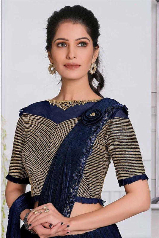 Embroidered Work On Navy Blue Color Fancy Lycra Fabric Party Wear Patterned Saree