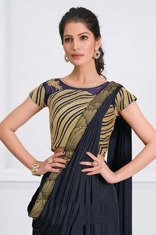 Fancy Lycra Fabric Party Wear Navy Blue Color Pleasance Saree With Embroidered Work