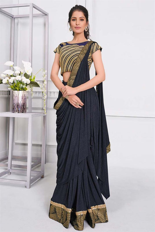 Fancy Lycra Fabric Party Wear Navy Blue Color Pleasance Saree With Embroidered Work