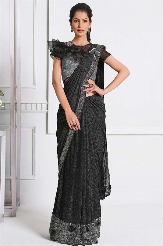 Fancy Lycra Fabric Party Wear Coveted Black Color Saree With Embroidered Designs