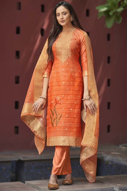 Beguiling Digital Printed Work On Orange Color Jacquard Fabric Casual Wear Salwar Suit