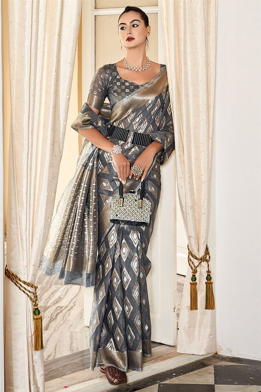 Zari Work On Grey Color Art Silk Elegant Saree