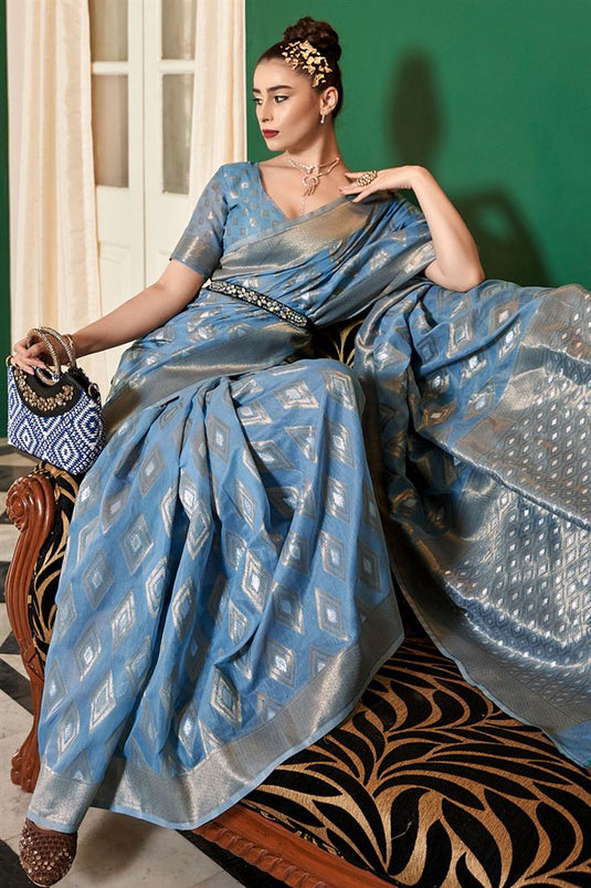 Alluring Zari Work Art Silk Saree In Blue Color