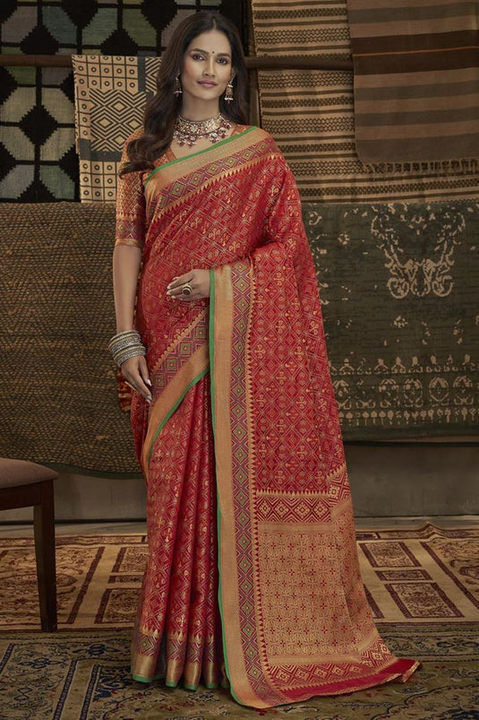 Radiant Weaving Work On Red Color Art Silk Fabric Saree