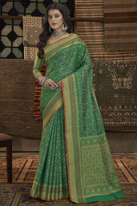 Excellent Art Silk Fabric Green Color Saree With Weaving Work