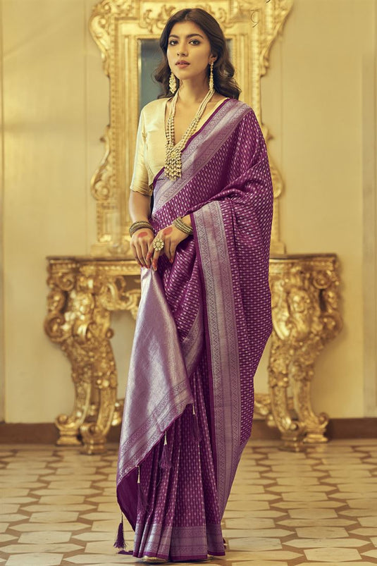 Purple Color Elegant Zari Weaving Work Kanjivaram Silk Saree