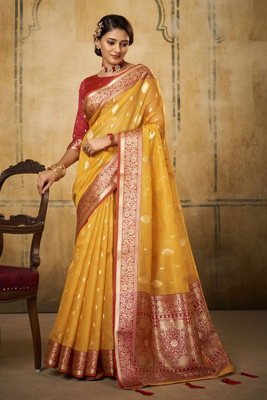Tissue Fabric Mustard Color Awesome Function Wear Saree