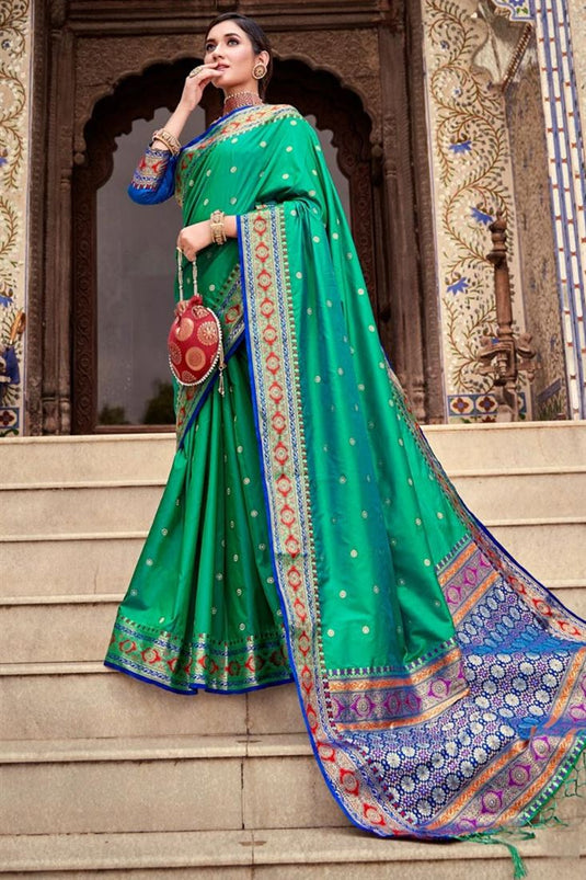 Art Silk Fabric Beauteous Weaving Designs Green Color Saree