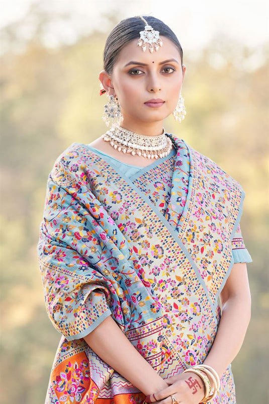 Light Cyan Color Festive Embellished Kashmiri Modal Weaving Saree