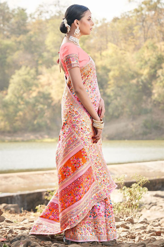Festive Look Peach Color Elegant Kashmiri Modal Weaving Saree