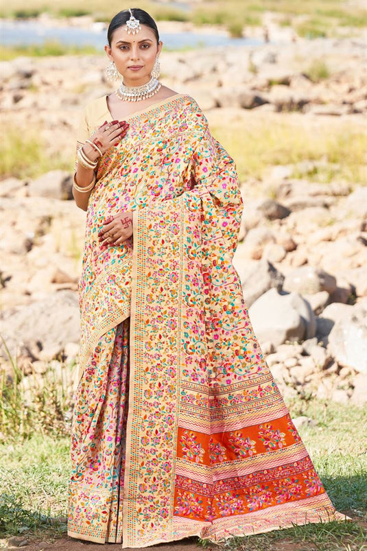 Enticing Yellow Color Festive Look Kashmiri Modal Weaving Saree