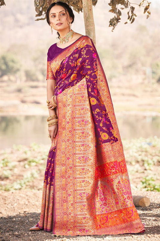 Beguiling Kashmiri Modal Weaving Saree in Purple Color