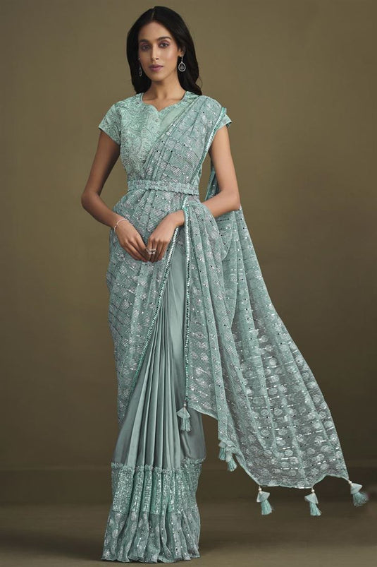 Light Cyan Color Sequins Work Crepe Fabric Blazing Ready To Wear Saree With Semi Stitched Blouse
