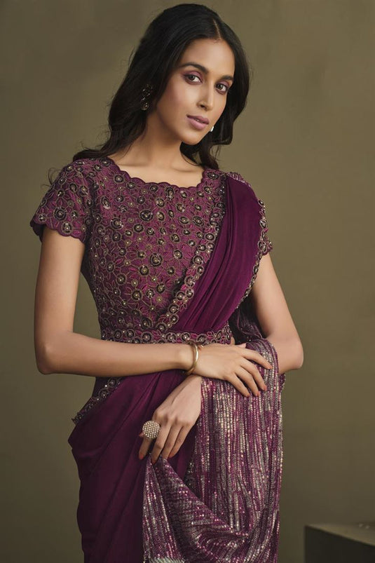 Sequins Work On Art Silk Fabric Maroon Color Lavish Ready To Wear Saree With Semi Stitched Blouse