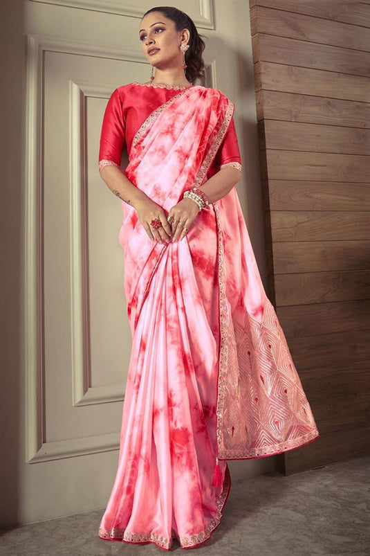 Tempting Crepe Fabric Pink Color Festive Wear Saree