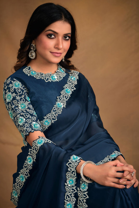 Navy Blue Color Fancy Fabric Attractive Embroidered Saree With Designer Blouse