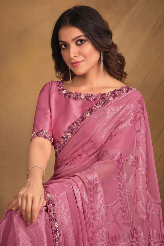 Pink Color Fancy Fabric Embroidered Saree With Designer Blouse