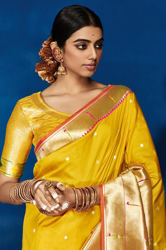 Entrancing Mustard Color Banarasi Silk Saree