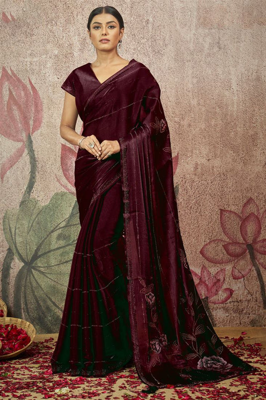 Maroon Color Fancy Work On Satin Silk Fabric Superior Saree