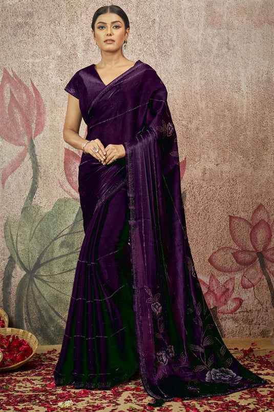 Fancy Work Satin Silk Fabric Wine Color Provocative Saree