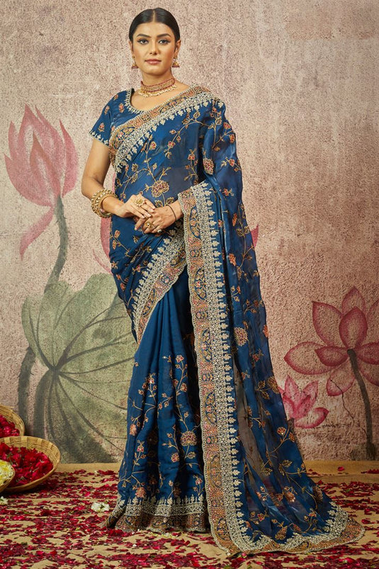 Organza Fabric Teal Color Imperial Sequins Work Saree