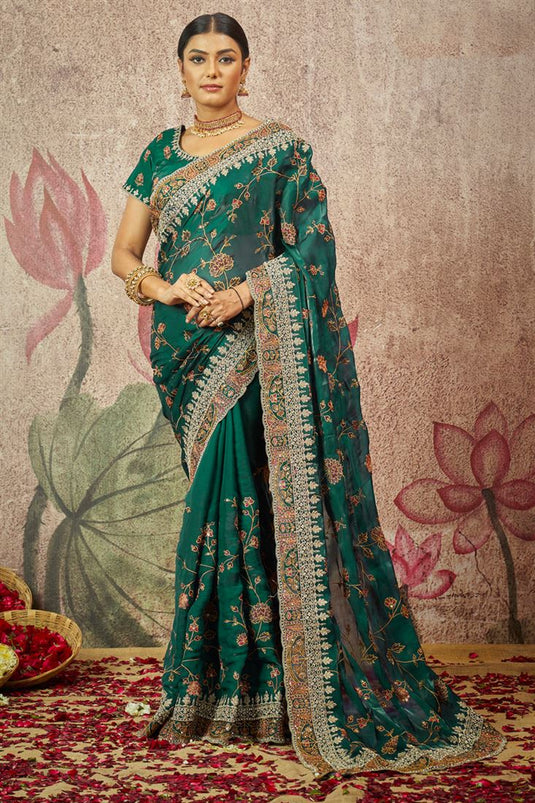 Sequins Work On Green Color Organza Fabric Glorious Saree