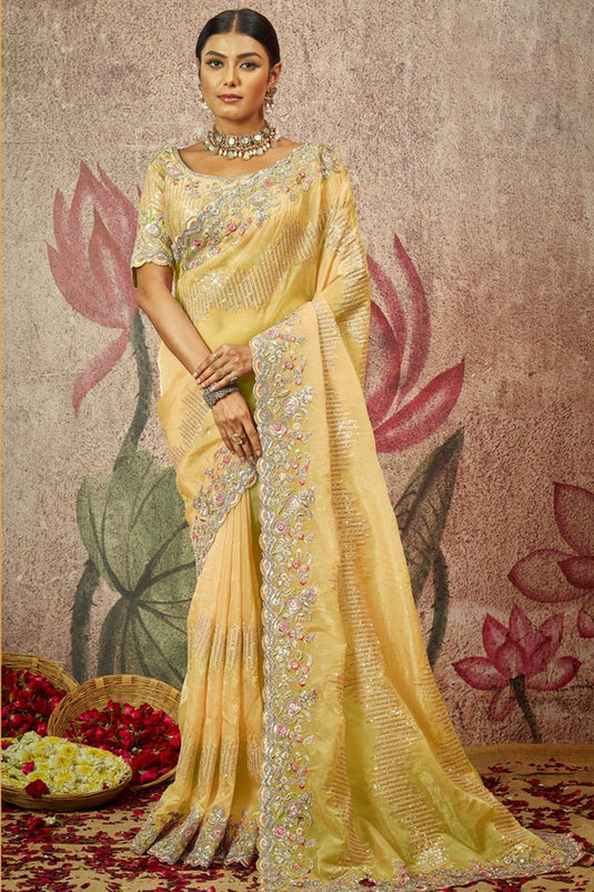 Sequins Work On Organza Fabric Yellow Color Lavish Saree