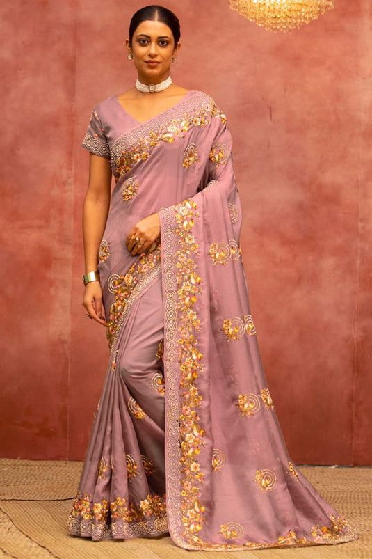 Incredible Embroidered Work On Net Fabric Pink Color Saree