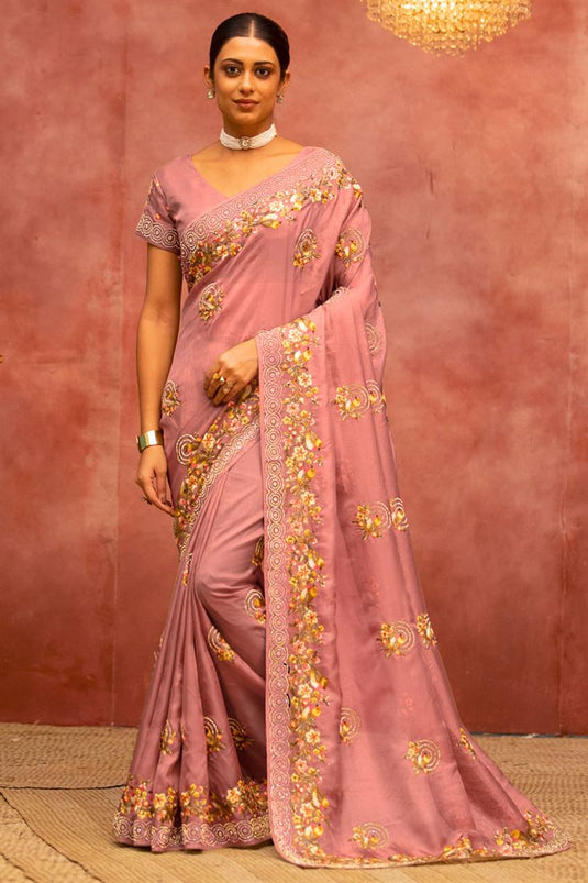 Pink Color Net Fabric Saree With Winsome Embroidered Work