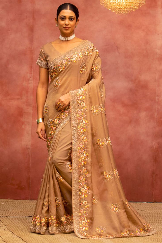 Beguiling Embroidered Work On Chikoo Color Net Fabric Saree