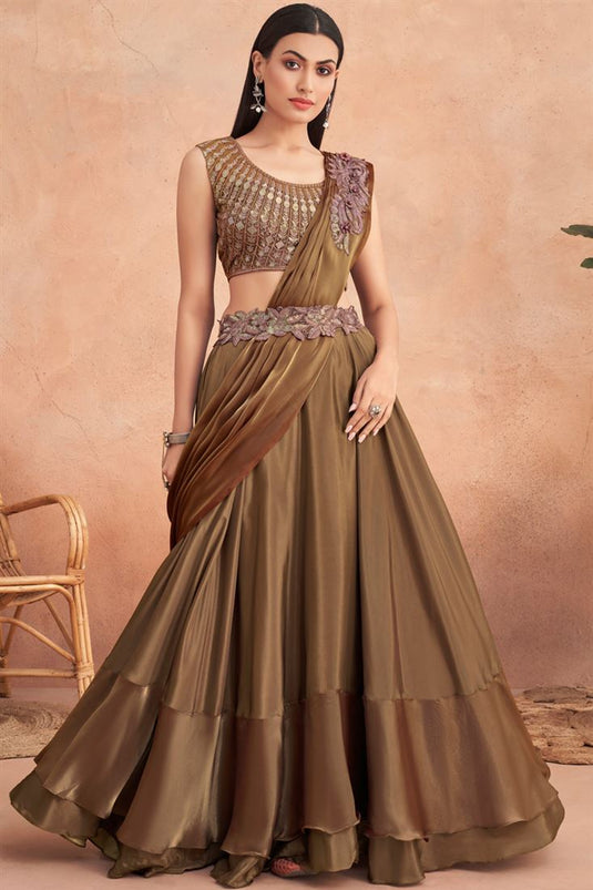 Art Silk Sequins Contemporary Lehenga Style Saree In Brown