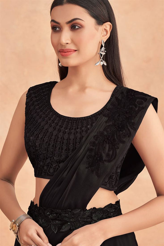 Embroidered Art Silk Lehenga Style Saree In Black