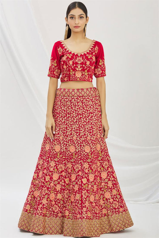 Velvet Fabric Magnificent Embroidered Red Color Bridal Lehenga