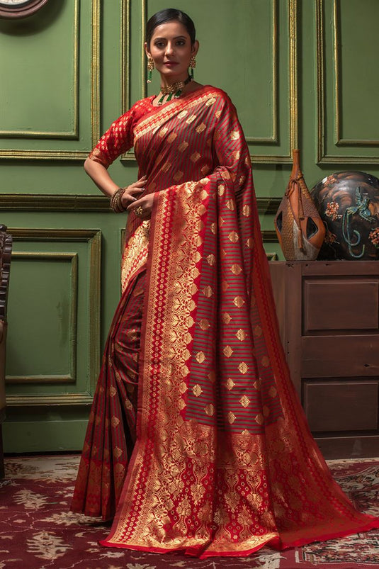Red Color Ingenious Festive Wear Saree In Banarasi Silk Fabric