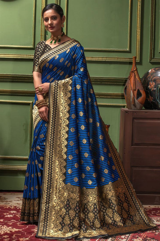 Blue Color Banarasi Silk Fabric Traditional Festive Wear Saree