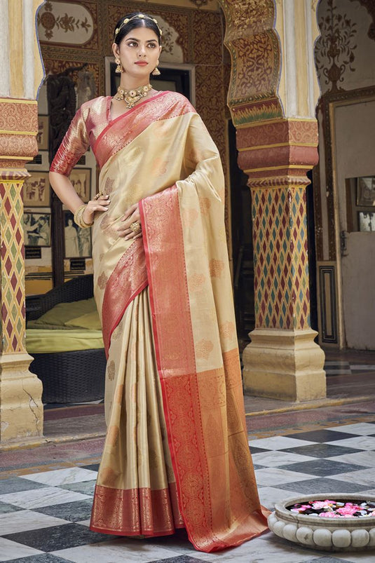 Art Silk Embellished Banarasi Beige Color Saree