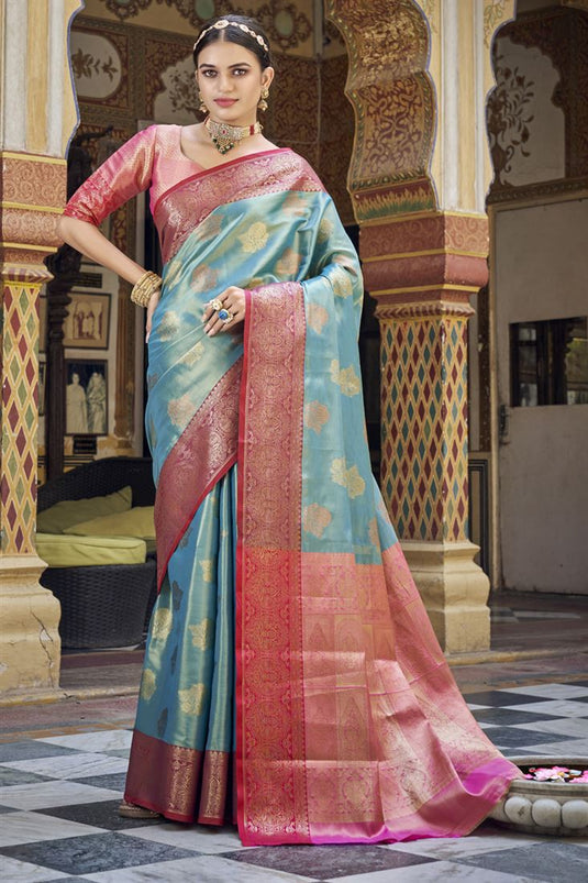 Cyan Color Ravishing Art Silk Banarasi Saree