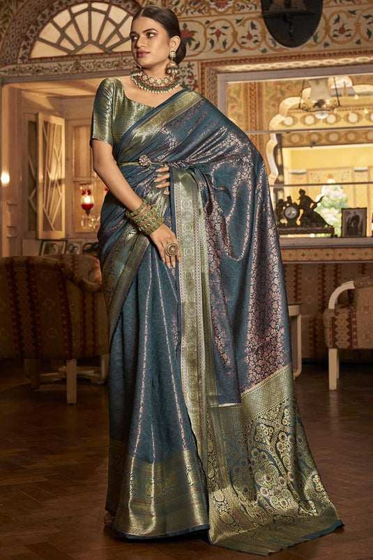 Marvellous Art Silk Fabric Kanjivaram saree In Grey Color