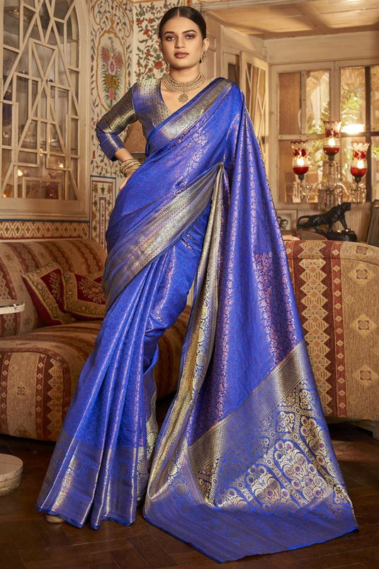 Attractive Art Silk Fabric Blue Color Kanjivaram saree