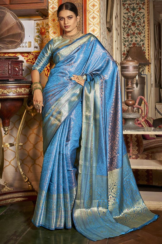Cyan Color Art Silk Fabric Beauteous Kanjivaram saree