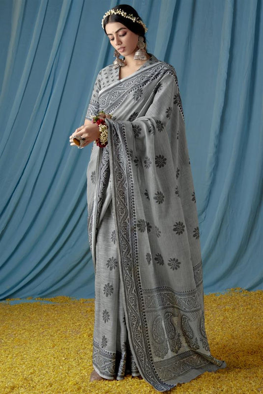 Embellished Grey Color Printed Linen Cotton Saree