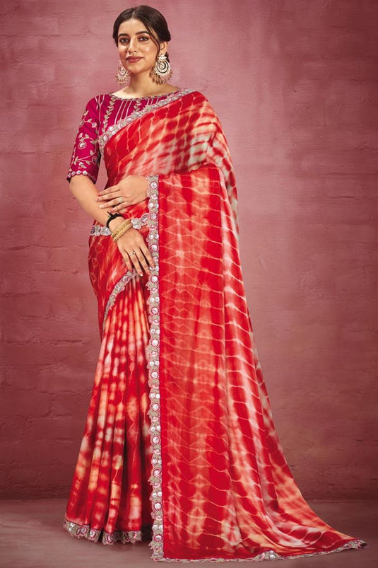 Georgette Fabric Red Color Pleasance Saree With Border Work