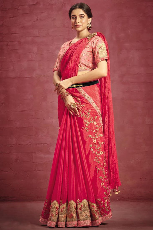 Pink Color Embroidered Work On Crepe Fabric Stunning Saree