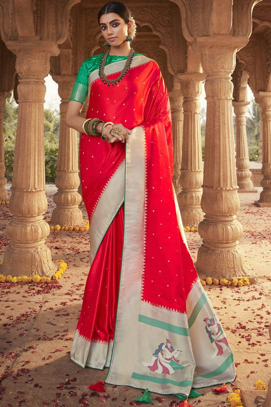 Dazzling Function Look Red Color Saree In Satin Silk Fabric