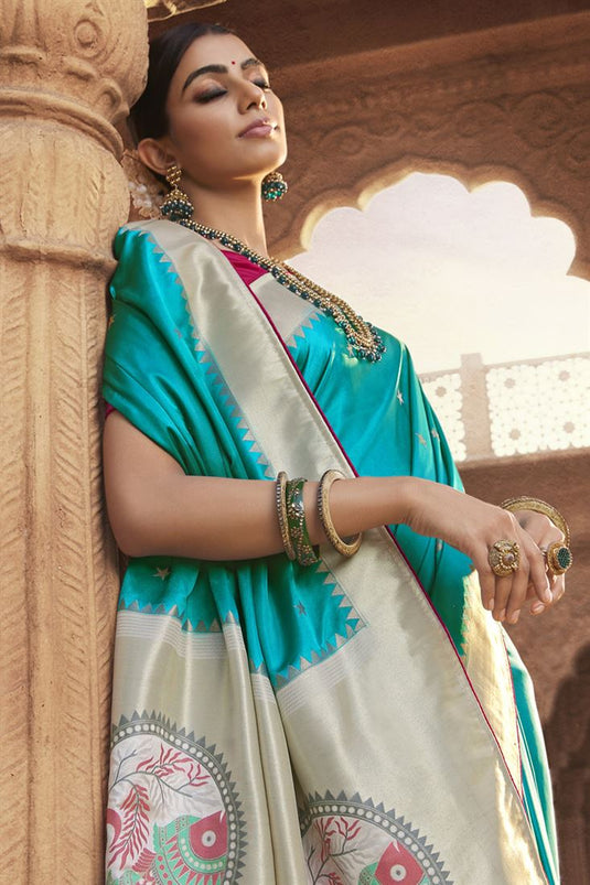 Mesmeric Sea Green Color Function Wear Saree In Satin Silk Fabric