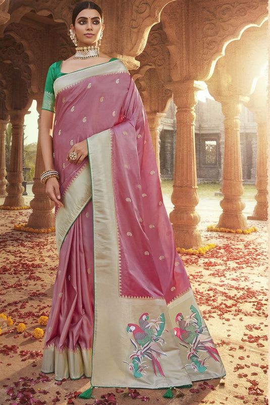 Pink Color Satin Silk Fabric Beatific Function Wear Saree
