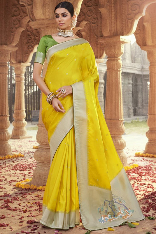 Beguiling Yellow Color Satin Silk Fabric Function Wear Saree