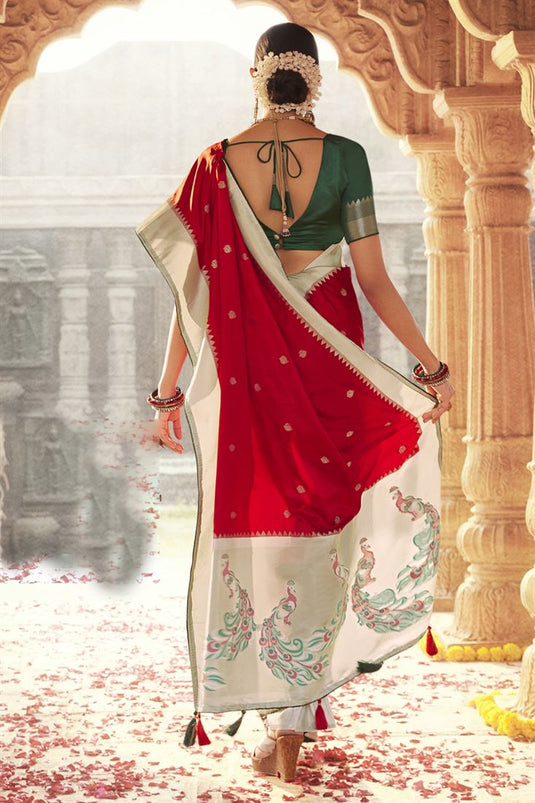 Incredible Satin Silk Fabric Red Color Function Wear Saree